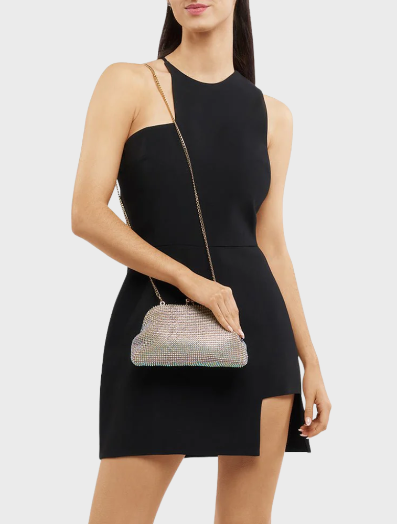 A shimmering crystal clutch bag made from metallic material, perfect for special occasions.