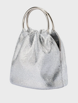 A modern silver purse adorned with a metal handle, showcasing a blend of sophistication and utility.