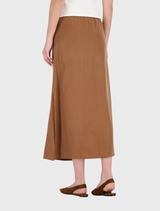 Stylish mocca midi skirt with a side slit, made from high-quality cotton and cupro, featuring a comfortable drawstring waist.