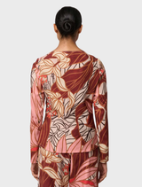 Elegant cupro viscose stretch top adorned with a serene gold detail and a vibrant cathedral botanic print.