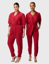 Elegant Jardin Blouse in Dahlia Red, made from cotton-silk blend with embroidered collar and shirred sleeve cuffs.