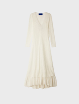 Elegant off-white lace dress featuring a V-neck, long sleeves, and a flounced hem, ideal for bohemian chic events.
