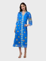 Azure Multi Dambulla Midi Dress with custom embroidery, gathered hem panels, and a coordinating tie belt for added style.