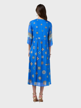 Vibrant Azure Multi Dambulla Midi Dress with embroidered details, gathered side panels, and a matching tie belt for elegance.