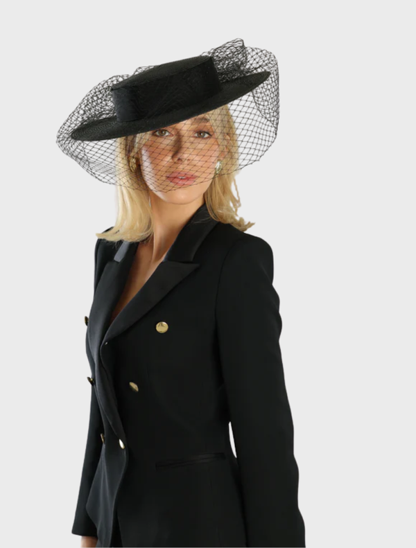 Black Danika Racewear boater hat with a wide brim, ideal for sun protection and stylish outdoor wear.