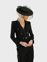 Elegant black boater hat by Danika Racewear, featuring a wide brim for sun protection and a fashionable look.