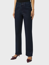 Dark blue high-waisted women's jeans displayed on a flat surface.