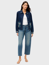 Stylish dark denim jacket with patch pockets, ideal for adding a rugged touch to everyday attire.