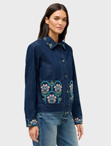Dark denim jacket with patch pockets, offering a timeless look suitable for various casual outfits.