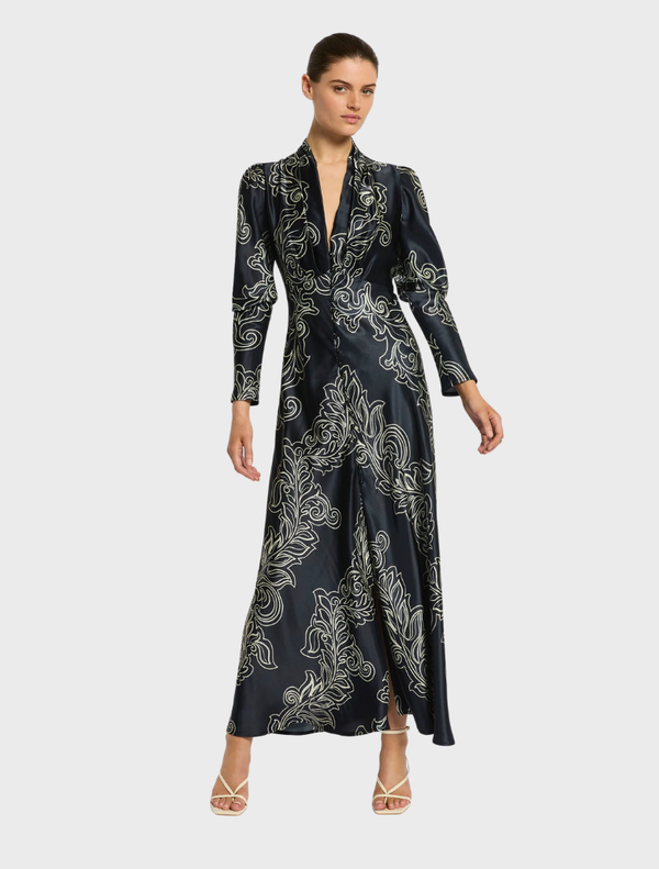  Dark ink and cream long-sleeve maxi dress, showcasing a stylish and comfortable fit for various occasions.