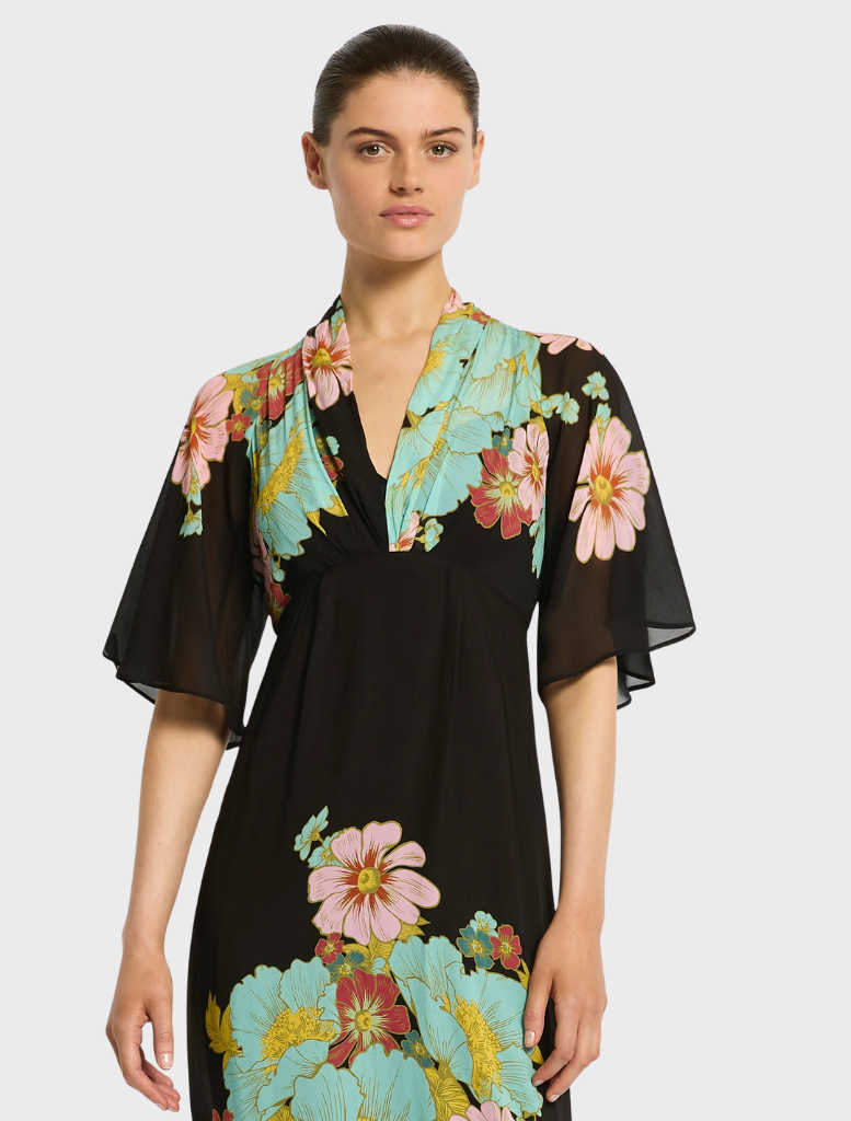 Black floral print dress with a v-neck, named Julia Maxi Dark Ink Floral