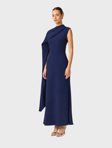 Leonara's deep navy asymmetric cape dress, designed with a stylish silhouette ideal for evening wear.