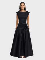Black Delph Maxi Dress featuring a flowing silhouette and elegant design, perfect for formal or casual occasions.