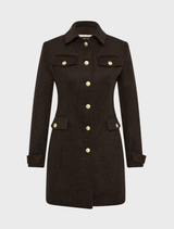 Delta Jacket - Chocolate wool coat with gold buttons, flap pockets, and a tailored silhouette