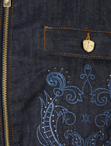 Stylish denim bomber jacket with zip closure, ribbed cuffs, pockets, and decorative crystal embellishments for added flair.