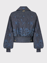 Denim bomber jacket featuring zip front, ribbed cuffs, pockets, and crystal embellishments for a stylish, utilitarian look.