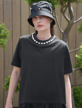 Black T-shirt featuring a graphic design of a dome at the mouth, suitable for casual wear.