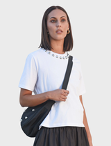 White T-shirt featuring a graphic design of a dome at the mouth, suitable for casual wear.