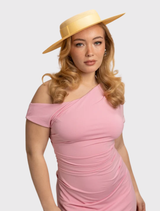 Contemporary yellow boater hat featuring a structured design and internal cord for secure styling, perfect for racewear.
