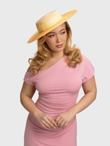Yellow Domino Racewear Boater by Morgan & Taylor, featuring a structured design and internal cord for secure styling.