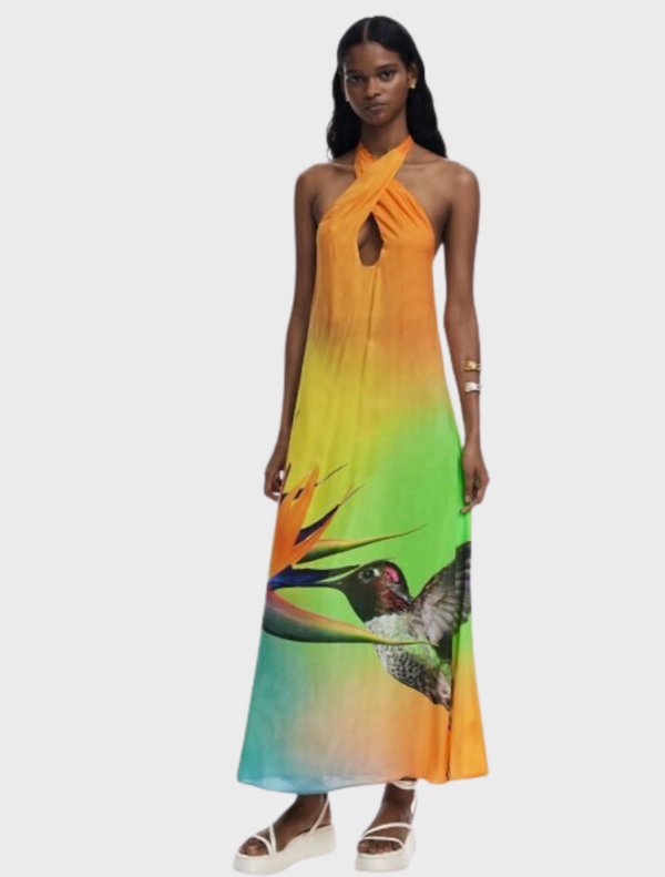 Multi-colored bird of paradise print halter maxi dress, featuring a flowing silhouette and vibrant floral design.