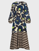 Elegant lime and blue floral dress featuring satin material, balloon sleeves, and a sculpted shirred front bodice.