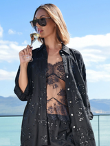 Black Drift Away shirt with sequins and embroidery, featuring a relaxed fit and button fastenings for casual elegance.