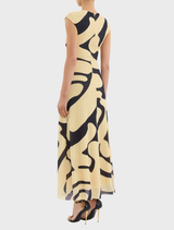 A stylish Dune Midi Dress characterized by its eye-catching yellow and black print, suitable for various occasions.