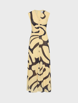 Dune Midi Dress featuring a striking yellow and black print design, showcasing a stylish and modern aesthetic.