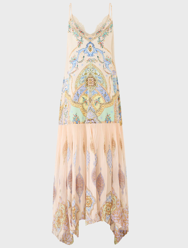 Elegant minimal slip dress with a flowing pleated chiffon skirt, crafted by East Of Istanbul for a sophisticated look.