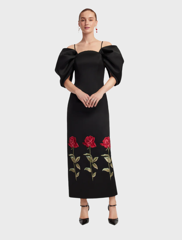 Stunning ebony maxi dress adorned with detailed embroidery, ideal for special events and stylish gatherings.