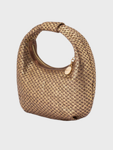 The image features a bronze woven bag on a white background, emphasizing its stylish design and craftsmanship.