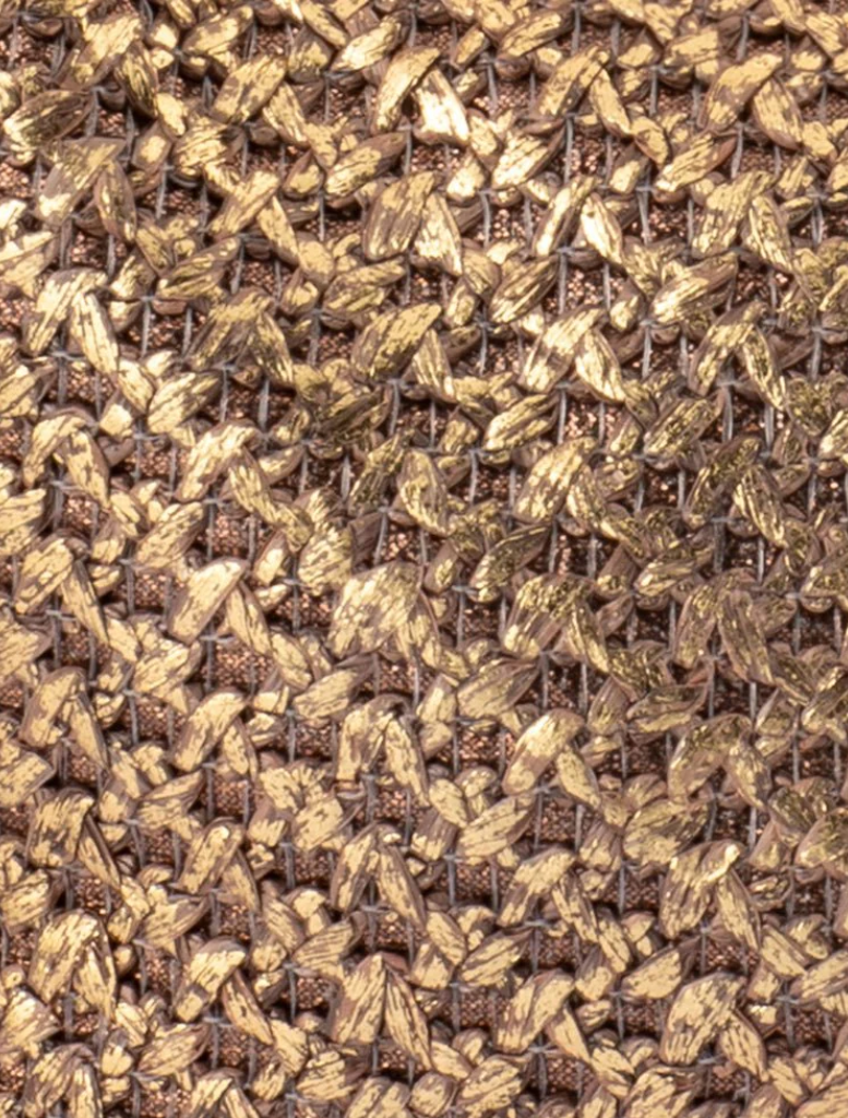 A bronze woven bag is featured on a white background, accentuating its detailed weave and chic style.