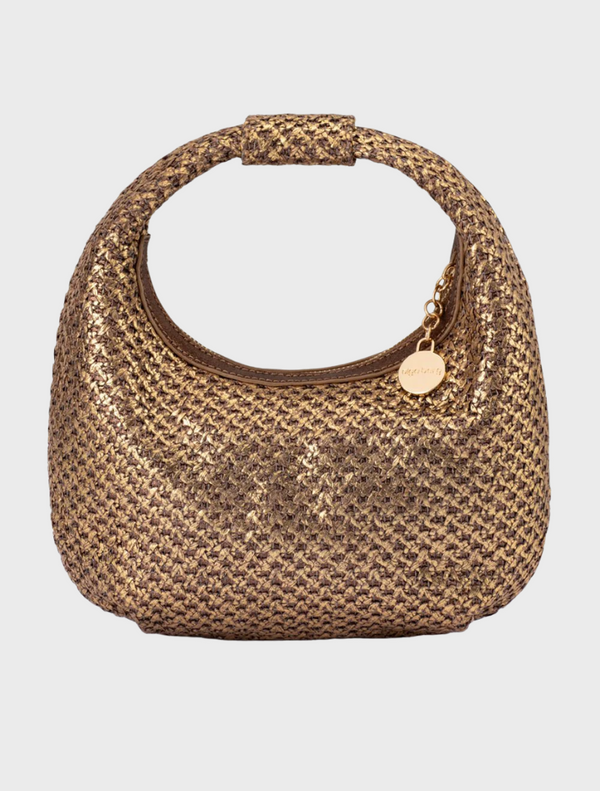 Bronze woven bag displayed against a clean white background, highlighting its texture and design.