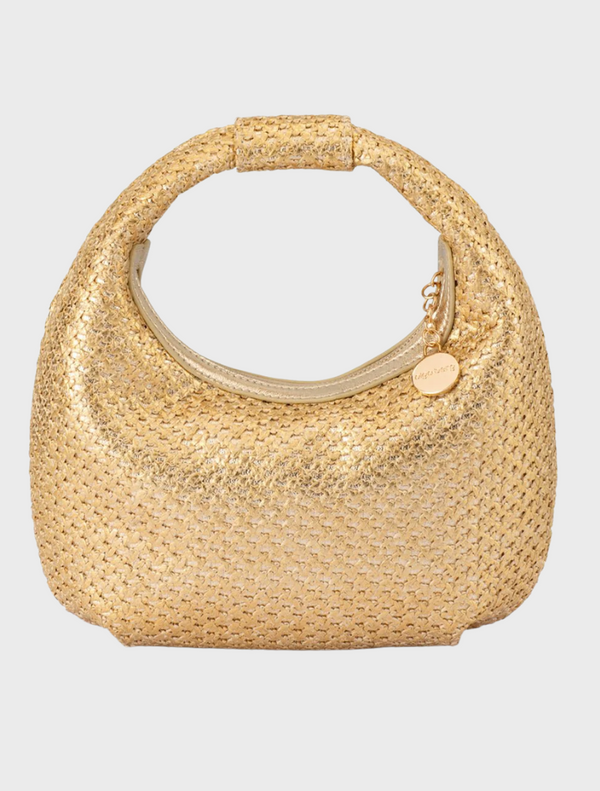 Gold woven hobo bag made from intricately woven fabric, showcasing a stylish and elegant design.