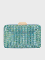 Blue and green metallic fabric clutch bag, named Edith Iridescent Clutch, showcasing a shimmering finish.