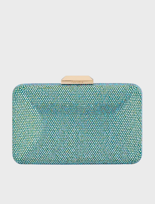 Blue and green metallic fabric clutch bag, named Edith Iridescent Clutch, showcasing a shimmering finish.