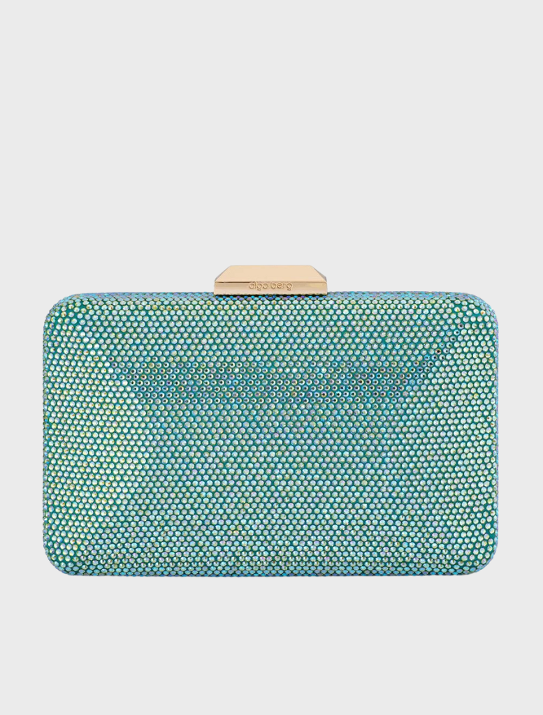 Blue and green metallic fabric clutch bag, named Edith Iridescent Clutch, showcasing a shimmering finish.