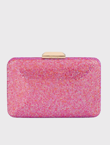 Pink EDITH Iridescent clutch with color-changing crystals, gold hardware, and removable chain; fits large smartphones.