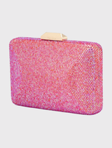 Unique pink EDITH Iridescent clutch with color-changing crystals, gold tone hardware, and a protective dust bag included.