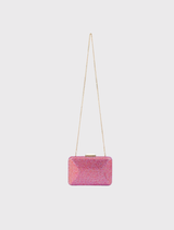 Pink EDITH Iridescent clutch showcases a faceted design, iridescent crystals, and a removable chain for versatile styling.