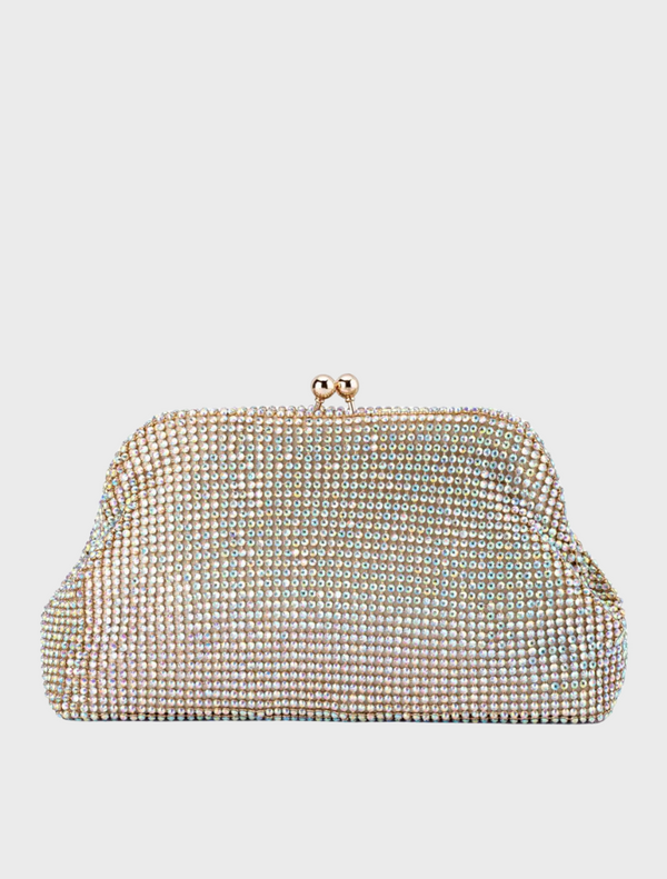 A metallic crystal clutch bag showcasing a sleek and modern design, perfect for evening wear.