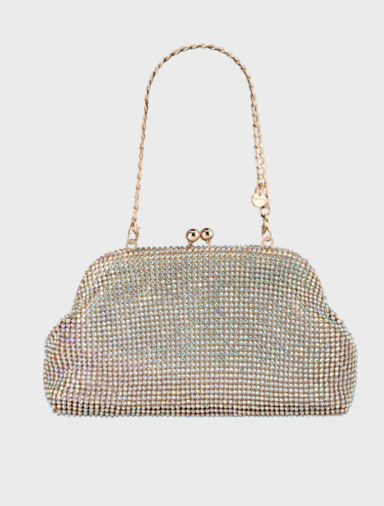 Elegant crystal clutch bag crafted from metallic material, ideal for adding sparkle to any outfit.