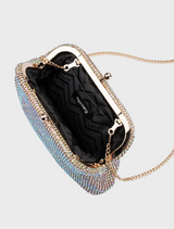  A stylish metallic clutch bag adorned with crystals, designed for formal occasions and evening events.