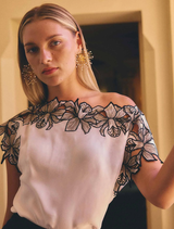 Ivory Eleanor Top featuring a wide neckline, cap sleeves, and intricate shoulder embroidery in a soft cupro blend fabric.