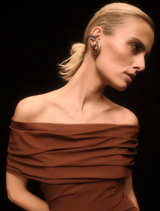 Chocolate-colored Camille dress with a fitted silhouette and elegant design, perfect for formal occasions.