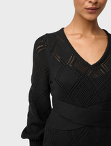 Elegant black V-neck knit dress crafted from a soft viscose-cotton blend, perfect for casual or semi-formal occasions.