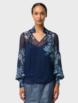 Moonlit Batik print blouse by Colette, made of viscose chiffon with a stylish shirred collar.