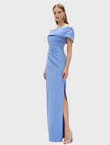 Chic blue gown with a modern cut, ideal for special events, featuring stylish accents and a comfortable fit for all-day wear.