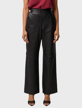 Genuine leather black straight pants with a comfortable elasticated waist, perfect for casual or formal wear.